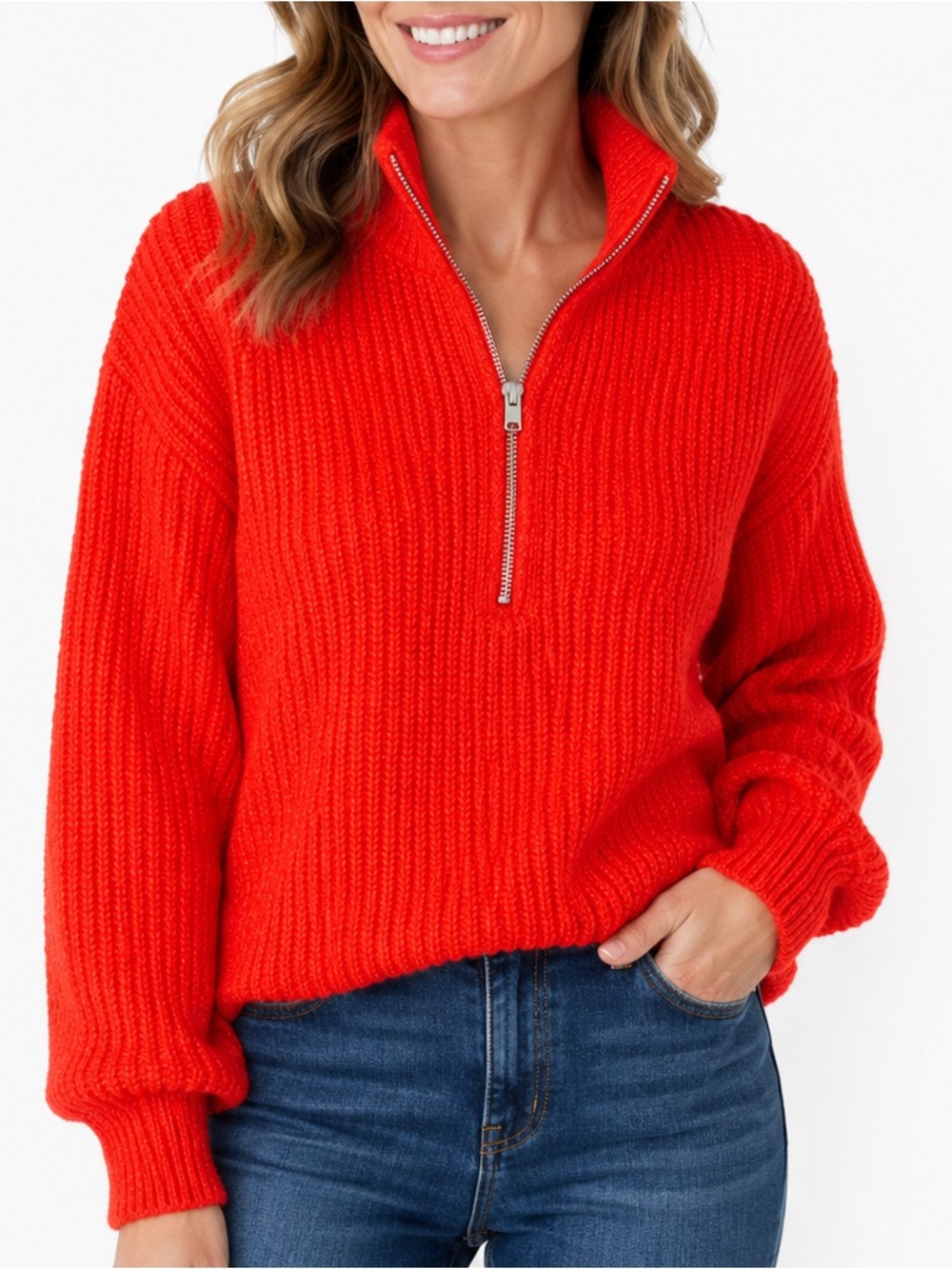 Vince Camuto Medium Orange Chunky Knit Quarter Zip Mock Neck Sweater